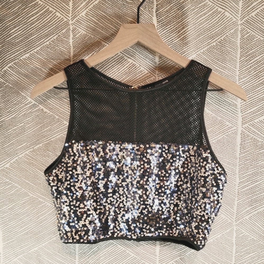 Fashion Nova Sequin Black Mesh Cropped Vest